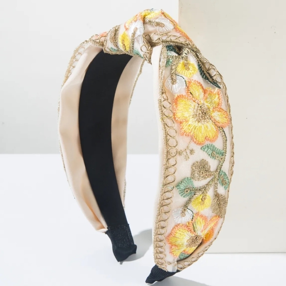 Headband Elegant Floral Embroidered Knotted -  Yellow Green